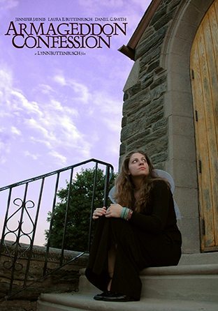 Cover of the film, “Armageddon Confession.” A young woman wearing a black dress and white children’s dress-up wings sits on the front steps of a church, anxiously looking toward its imposing wooden door.